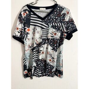 Moshu Womens V-Neck Patchwork Floral Stripe Short Sleeve Pocket Tee Shirt Size M